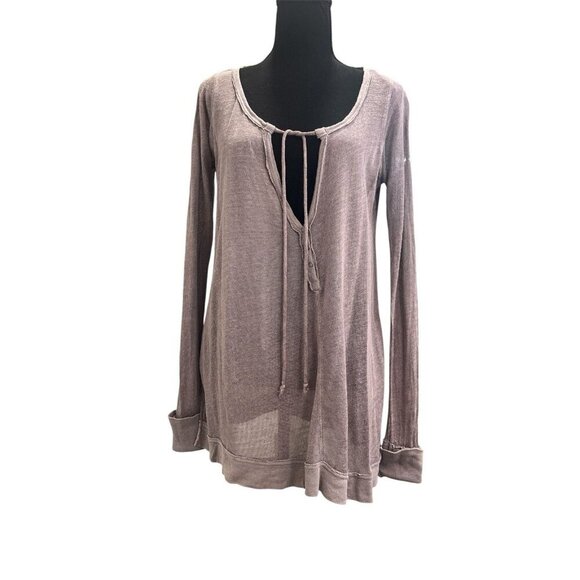 Free People Open Weave Henley Top In Color:Moon Shadow Size Small Petite Boho - Picture 1 of 8